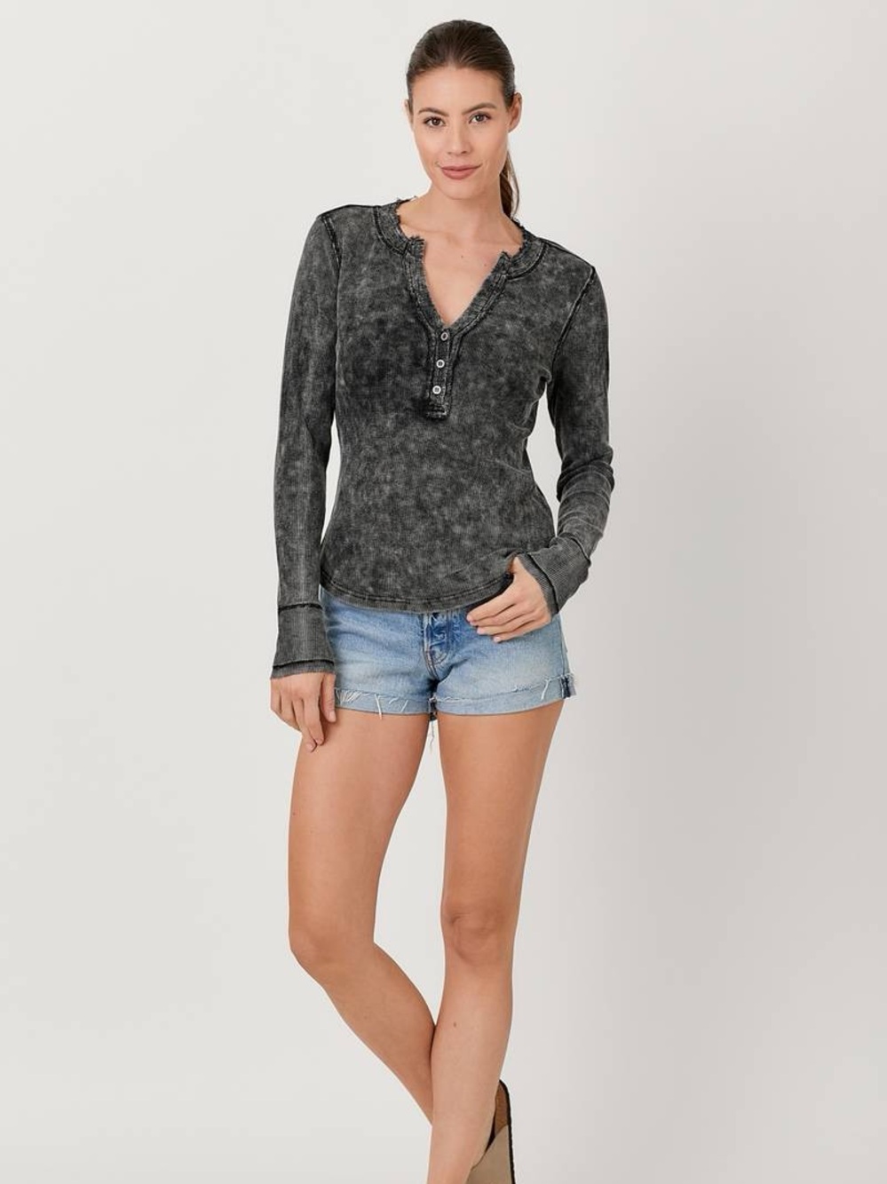 Mystree Charcoal Acid Wash Henley Long Sleeve Top – Size L